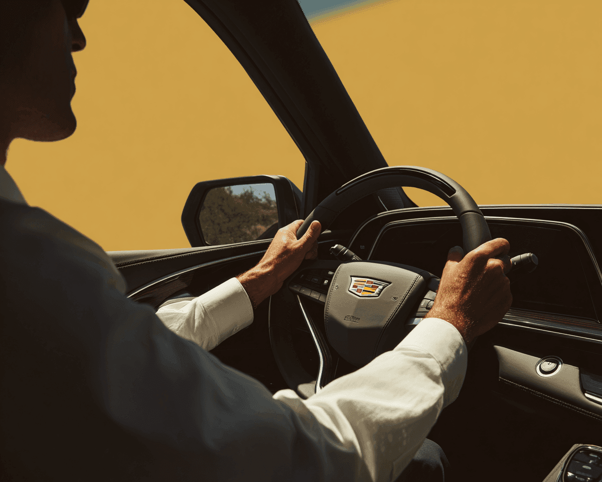 A chauffeur's hands on the steering wheel