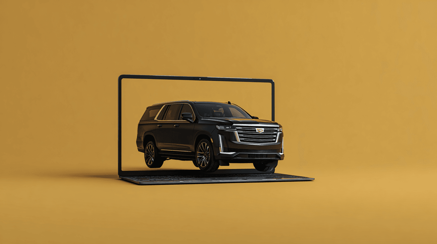 A black SUV driving out of a laptop screen
