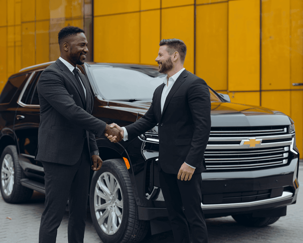 A chauffeur shaking hands with a client beside a black SUV