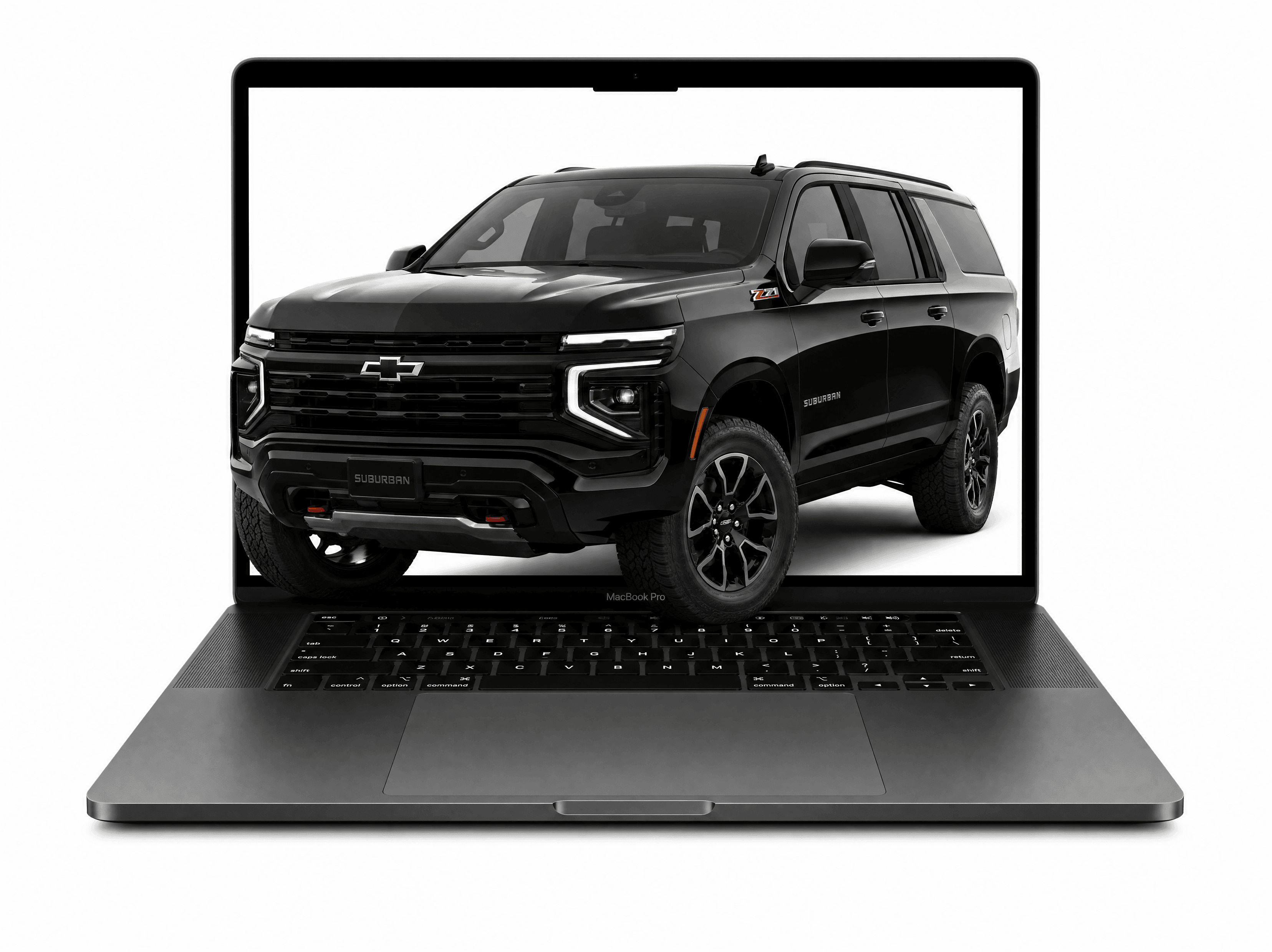 A black SUV driving out of a laptop screen