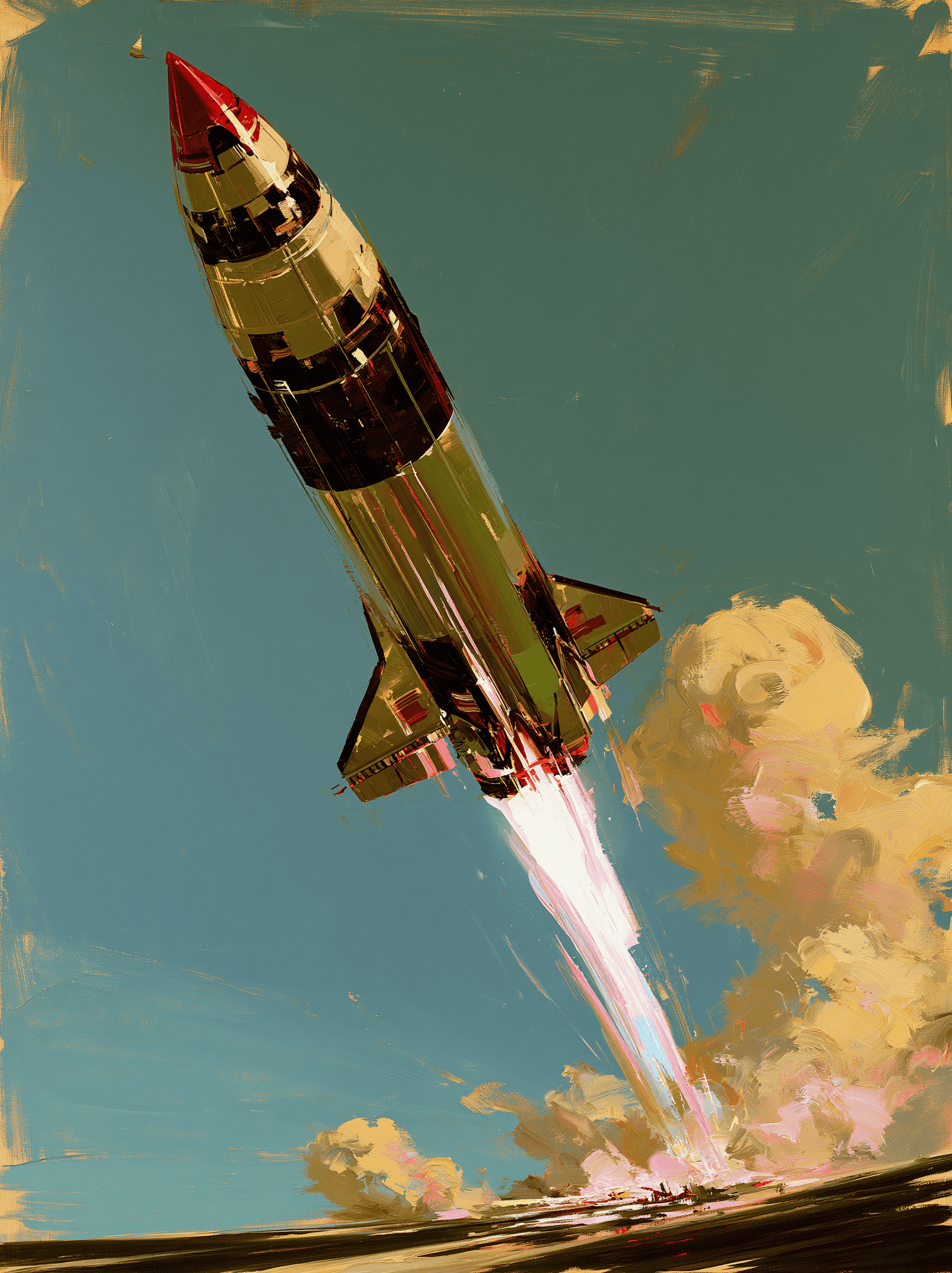A painted rocket lifting off through clouds