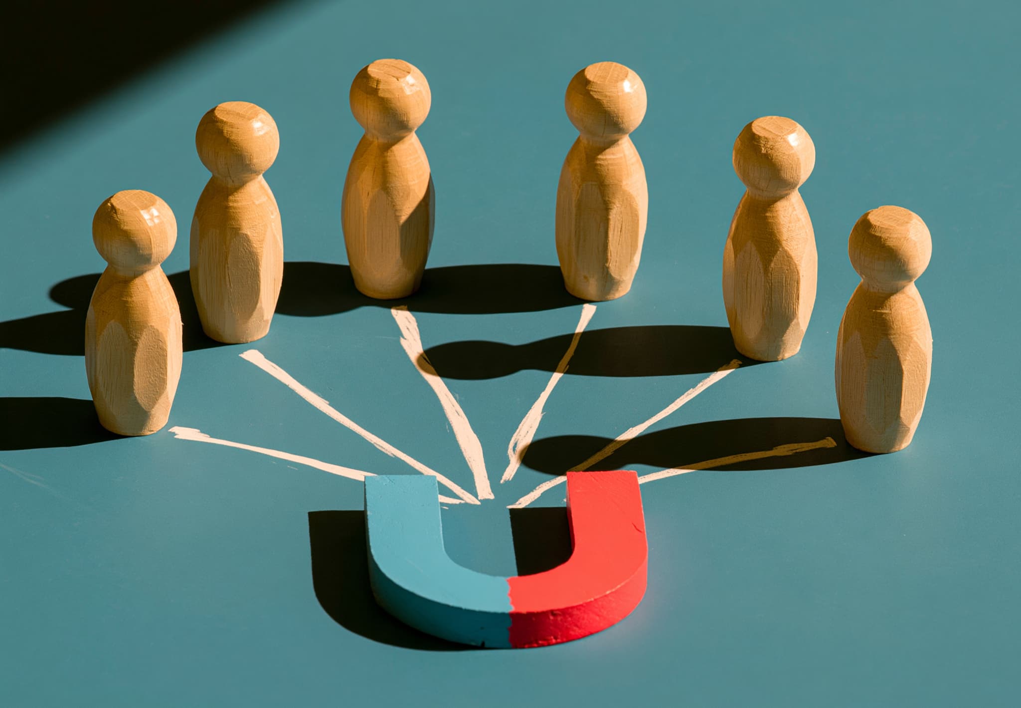Wooden figures drawn toward a red and blue magnet