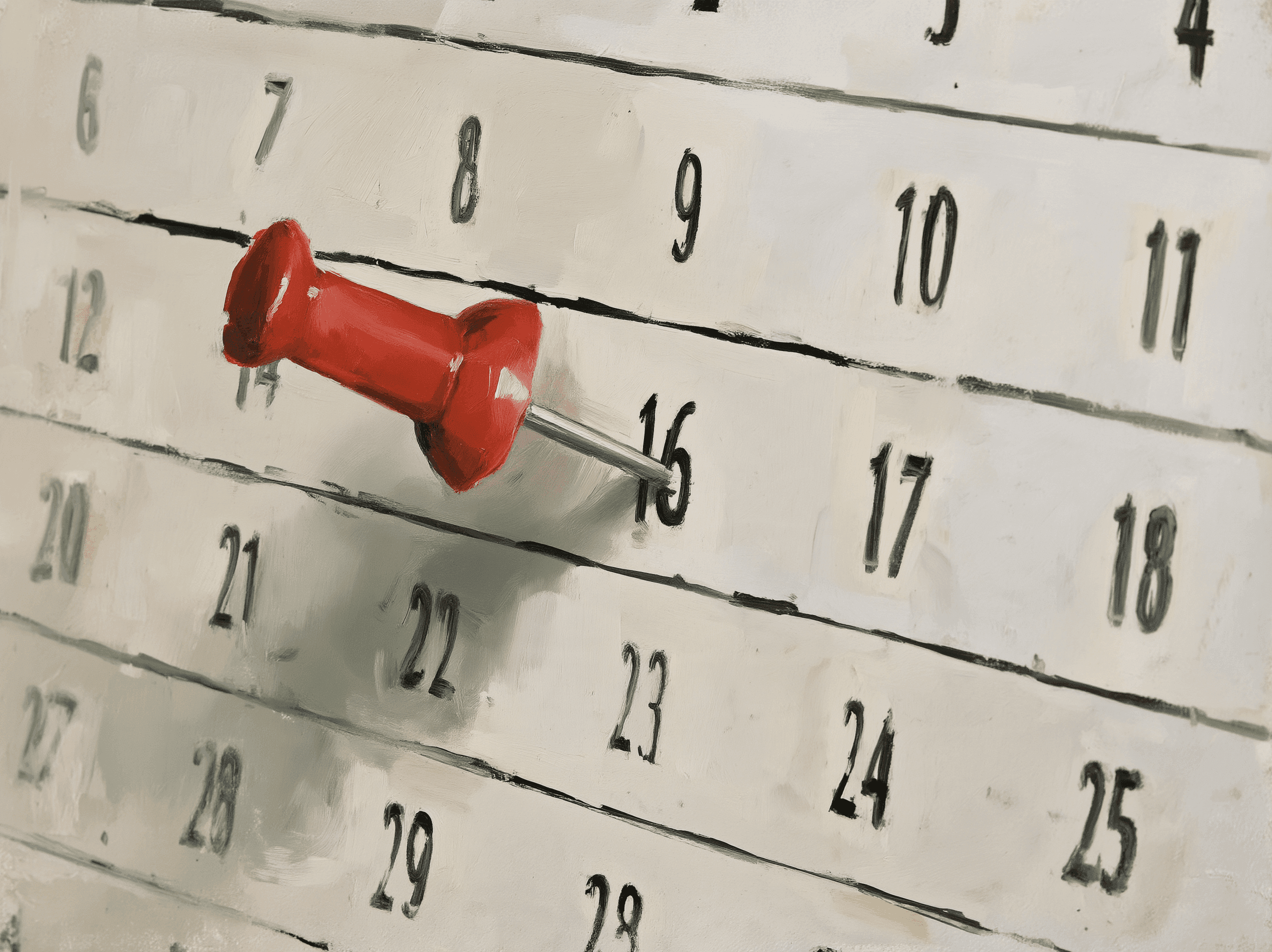 A red pushpin in a date on a wall calendar