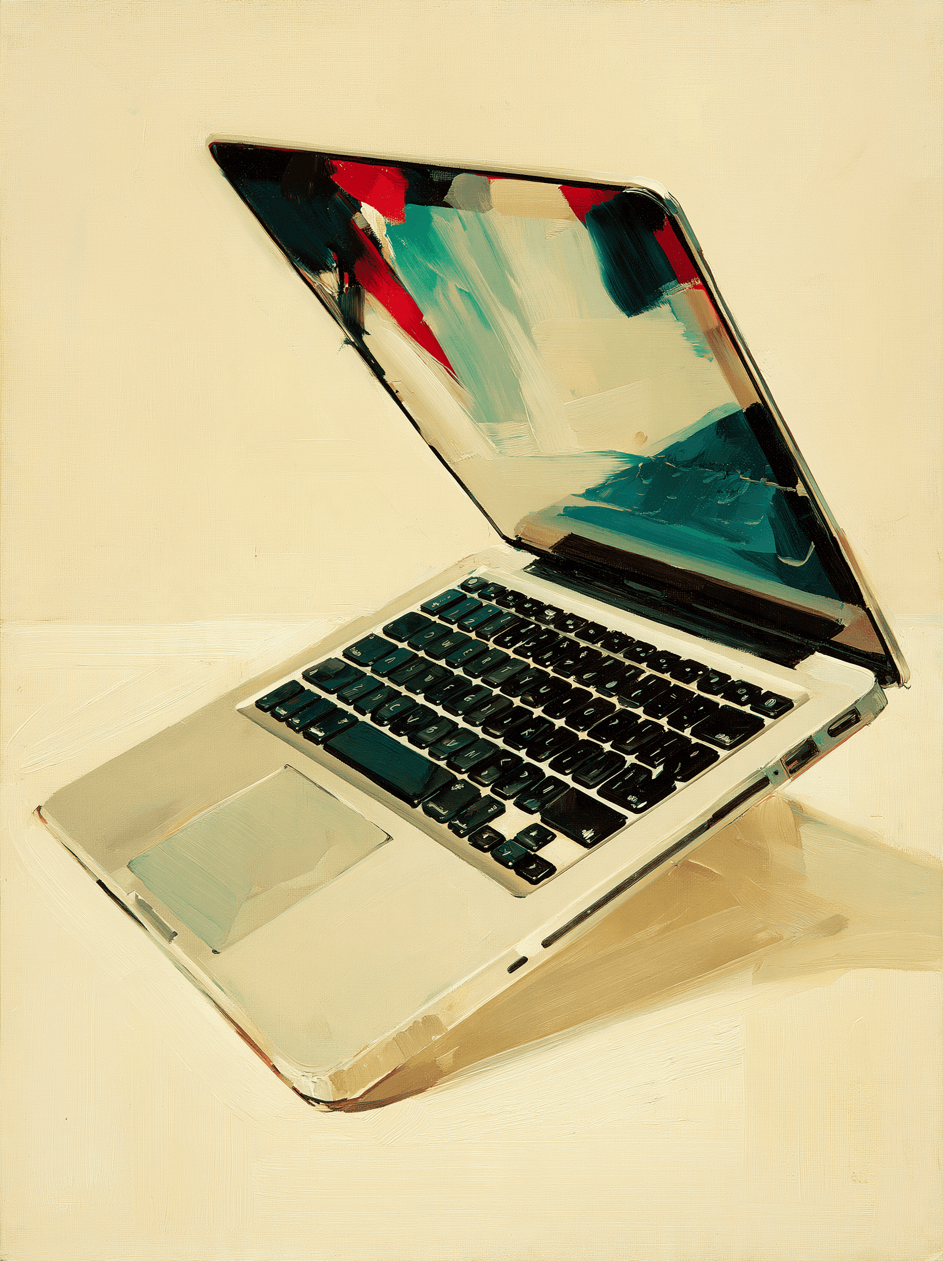 An open laptop on a cream-colored desk